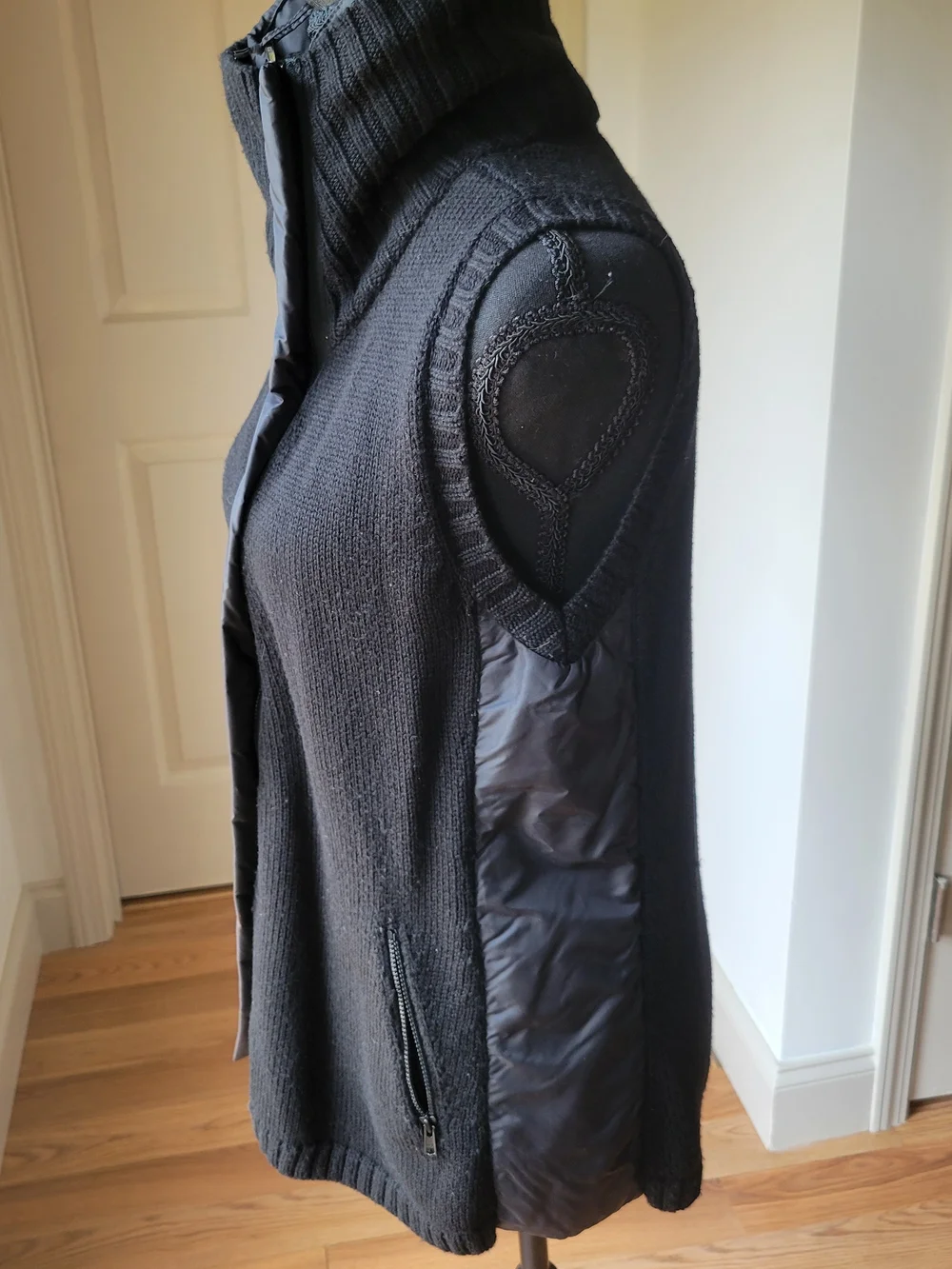Eileen Fisher Merino Wool Asymmetrical Zip Funnel Neck Vest Black S